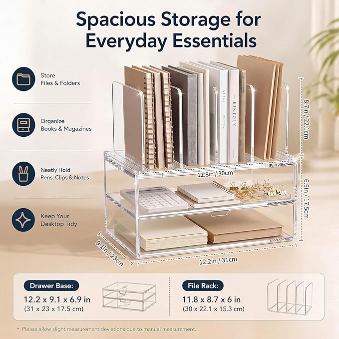 Ripeng Acrylic Desk Organizer with 2 Drawers, Vertical File Holder with 5 Detachable and Adjustable Dividers, Clear Desk Organizers and Accessories for Home, Office, School
