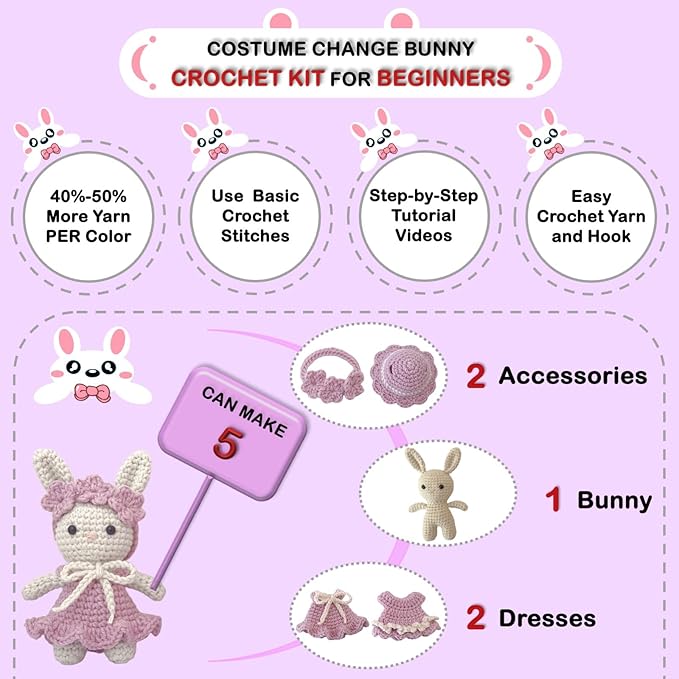 LoopMap Amigurumi Crochet Kit for Beginners with Removable Dress & Video Tutorials, DIY Bunny Making Kit Includes Premium Yarn & Tools, Creative Gift for Adults Teens (Purple)
