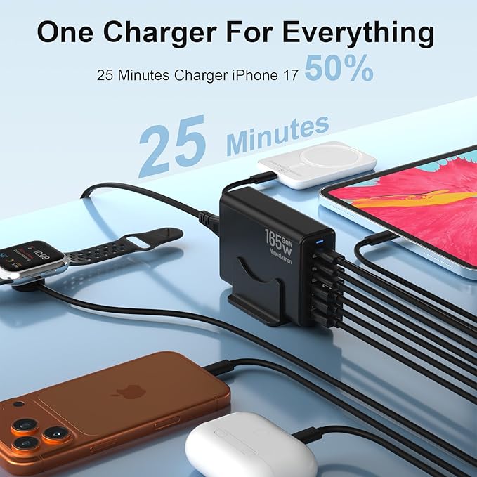 165W GaN USB C Charging Station, 6-Port Desktop Charger [3 USB-C PD + 3 USB-A], Multi-Device Fast Charger with 5 ft Cord for iPad iPhone 17/16/15, Samsung Galaxy, Tablets, Home Office Travel Black