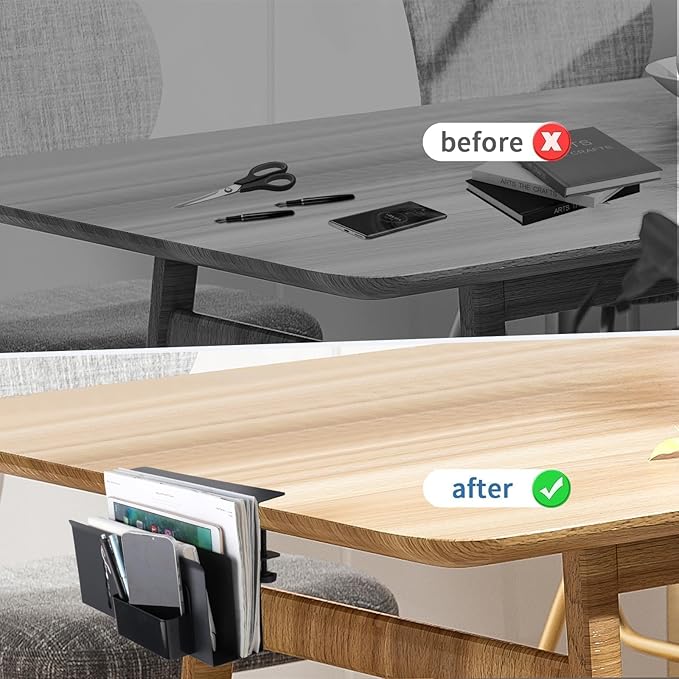 2 Tier Desk Side Storage Organizer, Under Desk Laptop Holder with Magnetic Pen Holder, No Drill Hanging Desk Caddy for Office and Home, Clamp On Desk Shelf for Tablet,Files, Accessories (Black)