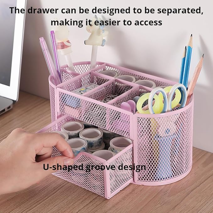 Wire Mesh Desk Organizer, Pink Pen Holder and Desk Organizer with Compartments, Desk Drawer Organizers and Accessories for Office School Home Supplies Teacher Students