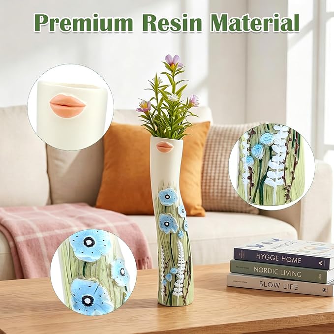 Cute Face Bud Vase, Hand Painted Resin Mini Vase, Boho Decorative Vase for Desk Shelf Living Room Decor, Unique Gift Idea for Women (Lips & Blue Blooms)
