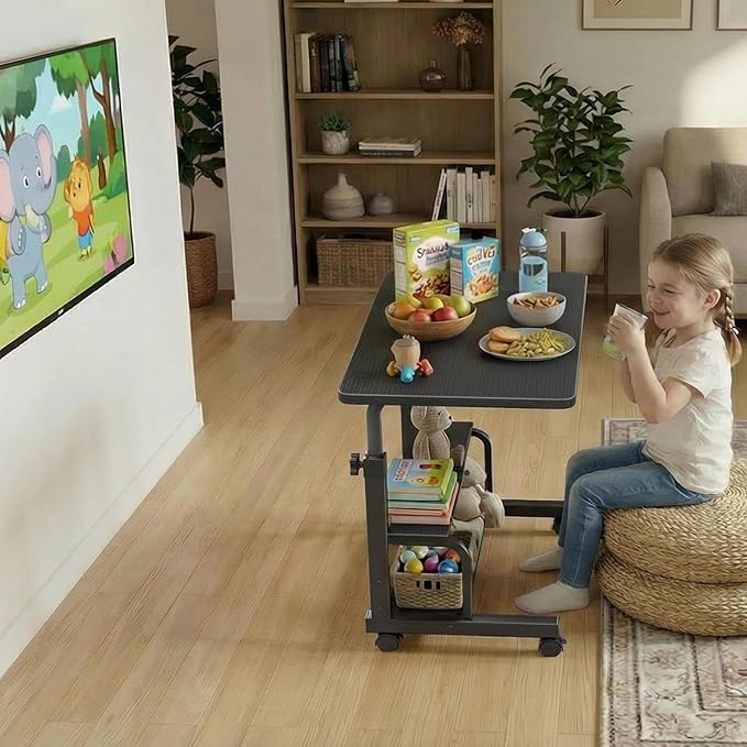 WINAZ Small Portable Rolling Kids Desk - 32" Mobile Laptop Desk with Wheels for Small Spaces, Height Adjustable C Shaped Side Table with 2-Tier Storage Shelves, Black