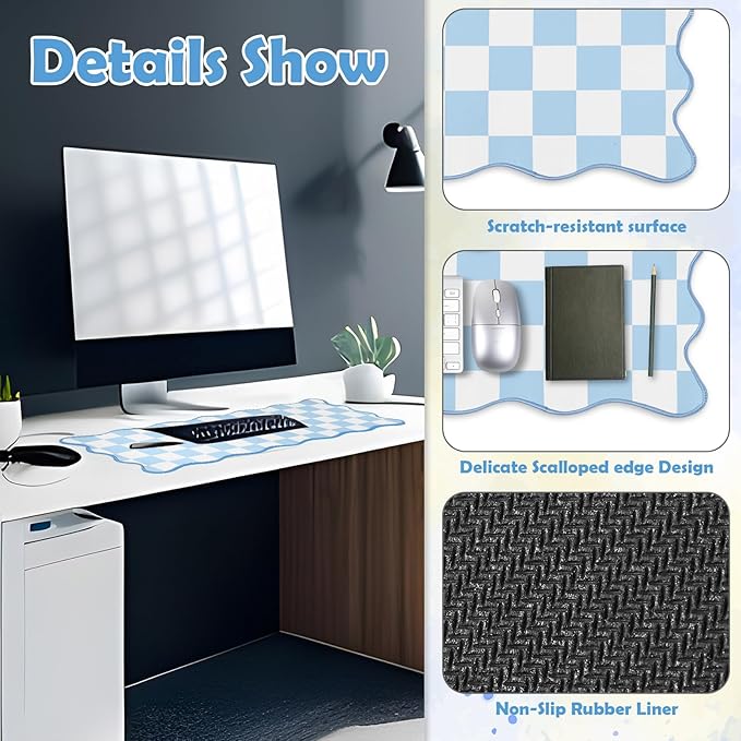 Copkim 1 Pcs Blue Scalloped Checkered Desk Mat 31.5 x 11.8 Inch Large Cute Mouse Pad Computer Mat Non Slip Waterproof Rubber Base with Border Stitching Soft Keyboard Pad for Home Office Gaming Makeup