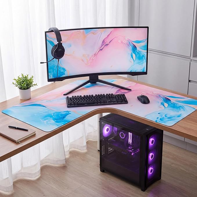 Relaxweex L Shaped Desk Mat for 90° Corner Desks, 26" x 26" Blue&Pink Waterproof Mouse Pad with 18" Inner Corner, Non-Slip Rubber Desk Protector for Office & Gaming
