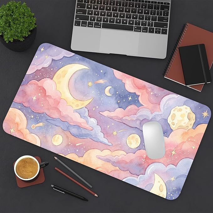 Cute Desk Mat, Pink Clouds Large Mouse Pad for Desktop, PU Leather Waterproof Desk Pad, Anti-Slip Computer PC Laptop Protector Gaming Mouse Pads for Office Home Decorations (27.5" x 13.8")