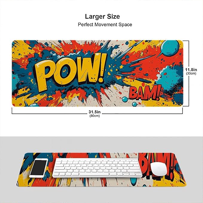 Classic Comic Art Gaming Mouse Pad Colorful Pow Bam Word Art Extended Gaming Mouse Pad Mat with Stitched Edge Non-Slip Base Big Mouse Pad 31.5"x11.8" Office Home Decor for Women Girl