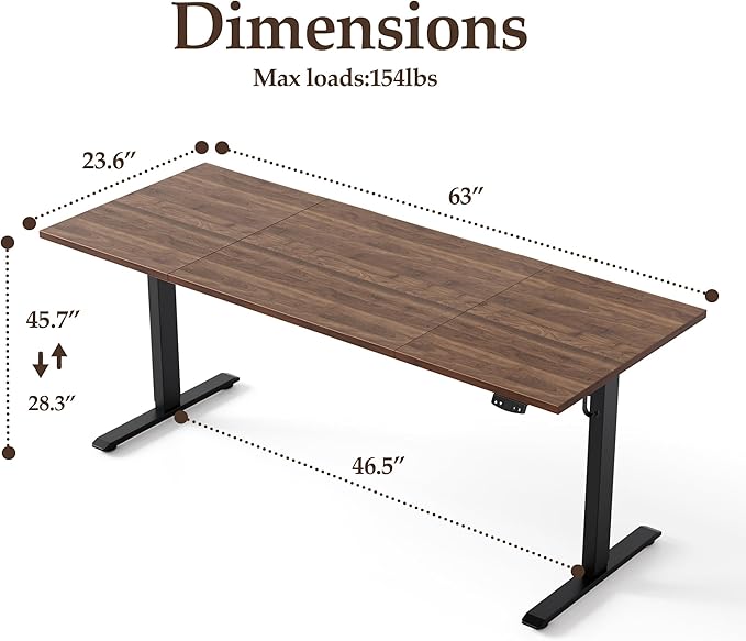 Klicelor 63 Inch Large Electric Standing Desk, Height Adjustable Office Desk, Sit Stand Up Computer Gaming Desk with Memory Preset, Three-Piece Desktop, Dark Walnut