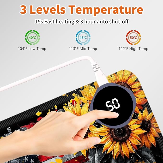 Heated Mouse Pad,Warm Desk Pad with 3 Levels Heating & 3 Hours Auto Shut-Off, PU Leather Heated Desk Pad Warmer Pad for Home Office - 31.5 x 13 inch,Sunflower American Flag