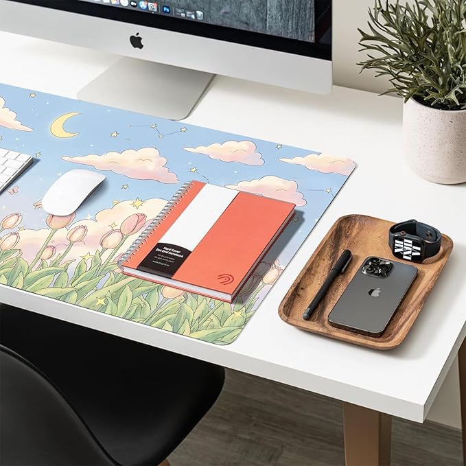 Cute Desk Mat, Kawaii Tulip Large Mouse Pad for Desktop, PU Leather Waterproof Desk Pad, Anti-Slip Computer PC Laptop Protector Gaming Mouse Pads for Office Home Decorations (31.5" x 15.7")
