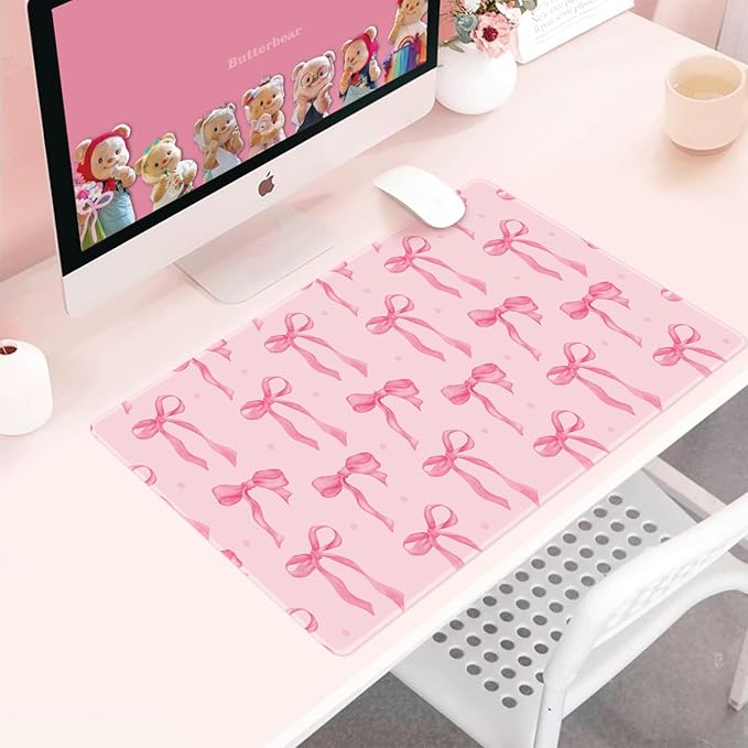 Pink Bow Mouse Pad, Desk Mat Large Bows Laptop Pad Computer Mat, Gaming Keyboard Mat Non-Slip Rubber Base Desk Pad, Stitched Edge, Cute Girly Pink Desk Accessories Women Office Decor 23.6" x 11.8"