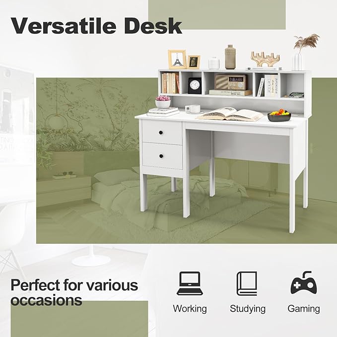 Giantex White Desk with Drawers & Hutch, Home Office Desk with Charging Station, 5 Storage Cubbies, Makeup Vanity Table, Modern Study Writing Desk, PC Laptop Desks, Computer Workstation for Bedroom