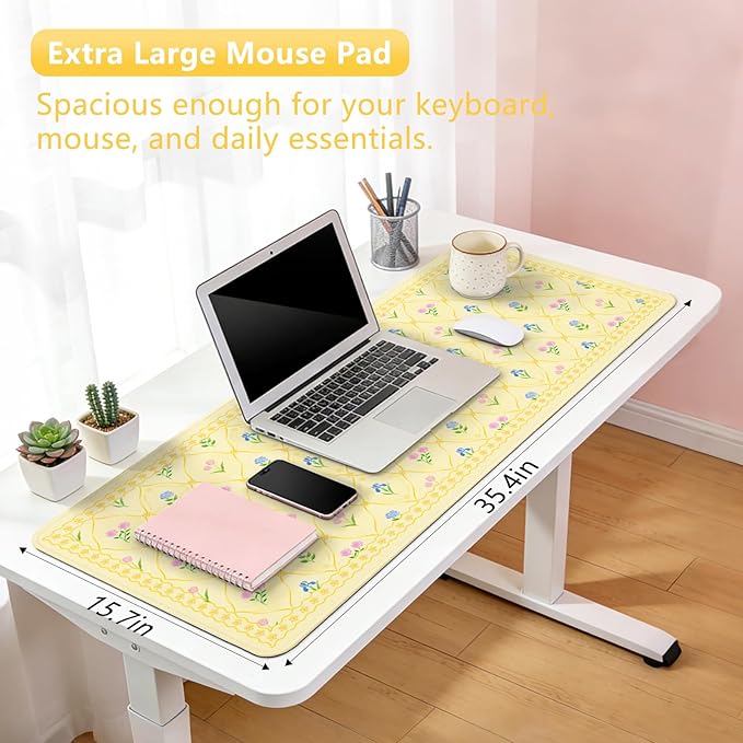 Floral Aesthetic Yellow Mouse Pad Large 35.4×15.7 Flower Girly Desk Mat for Women, Non-Slip Water-Resistant Pad for Home Office Gaming Decor