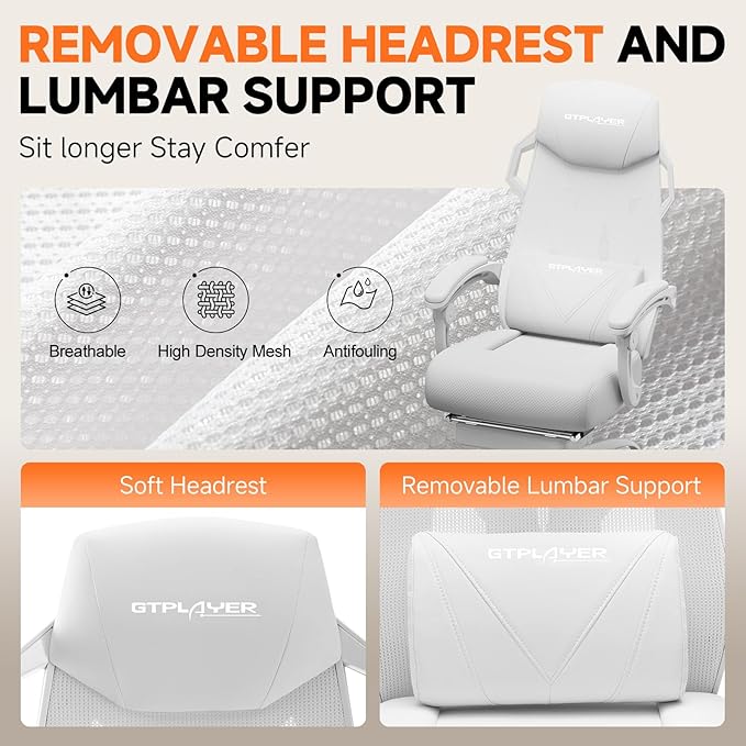 GTPLAYER Computer Chair with Adjustable Footrest, Ergonomic Gaming Chair with Headrest and Lumbar Support, Breathable Mesh Office Chair for Adults, High Back Reclining Desk Chair for Gaming and Office