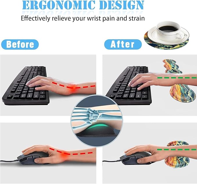 Ergonomic Mouse Pad Set with Wrist Support for Keyboard and Wrist Rest for Mouse, Memory Foam Comfort, Non-Slip Large Desk Mat for Home Office Pain Relief,Retro Japanese Waves