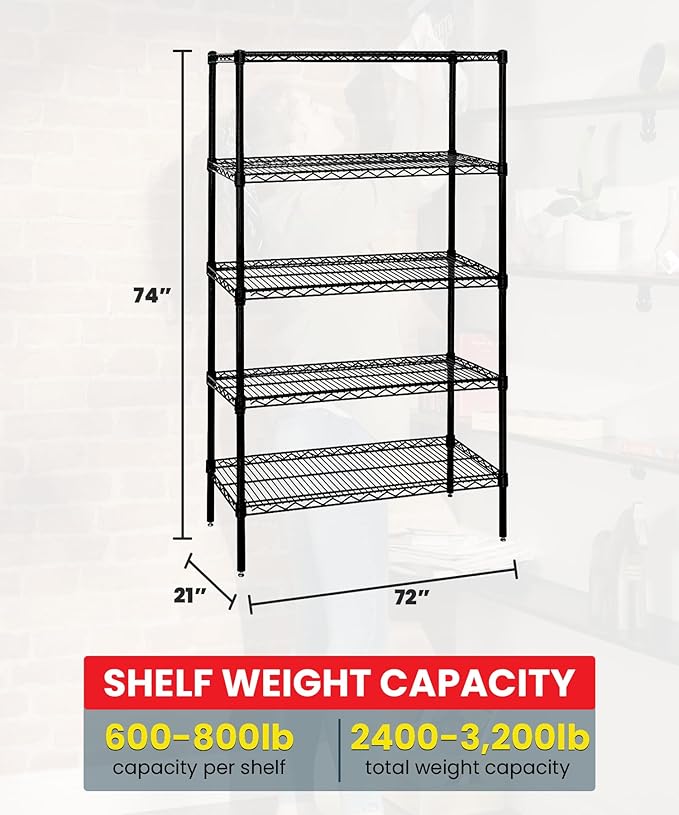 Quantum Storage Systems WR74-2172BK-5 Wire Shelving Starter Kit, 72" W x 21" D x 74" H, 600 lbs Capacity, Carbon Steel, Epoxy Coated, Black, NSF