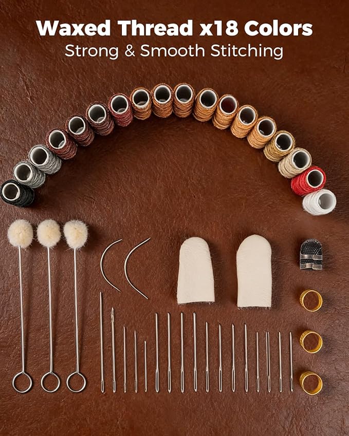 SakerNeo Leather Working Tools - 101pcs Stainless Steel & Wood Handle Sewing kit with 4mm Stitching chisels (1/2/4/6), 18 Waxed Thread, Hole Punch & Stamping Tools for DIY Wallet Belt Bag Repair