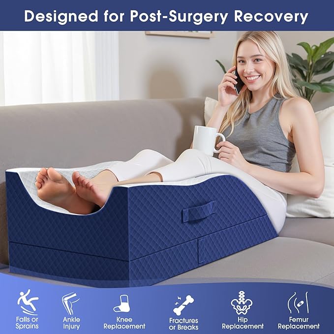 CushZone Leg Pillow, Leg Elevation Pillow with Pad and Memory Foam, Height Adjustable Bolster Pillow for Legs, Leg Pillow Elevation Blood Circulation, for Post-Surgery, Blue & White