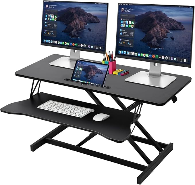 37" Height Adjustable Standing Desk Converter, Two Monitor Stable Stand up Desk Converter, 5.9"-18.8" Height Adjustable Laptop Workstation with Keyboard Tray, Desktop Riser for Home and Company
