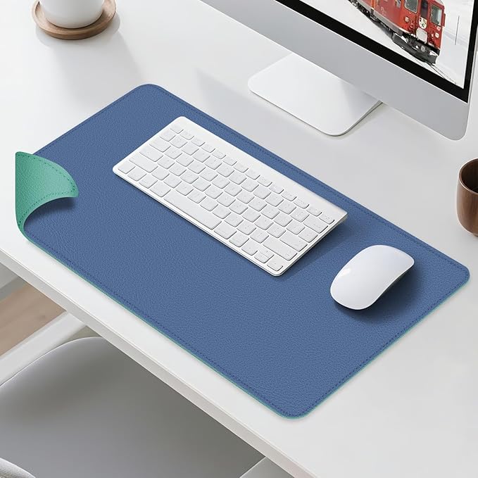 Dual Sided Leather Desk Mat - Waterproof Desk Pad - Ideal for Large Mouse Pad and Desk Mats on Top of Desks (Blue, 25"*13")