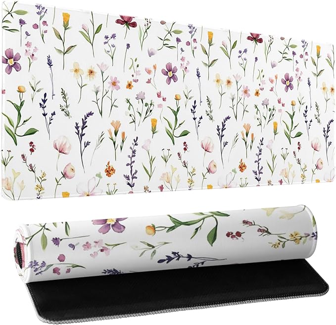 Spring Summer Wildflower Desk Pad Mouse Pad XXL 35.4”x15.7” Large Extended Gaming Mouse Pad with Stitched Edges Non-Slip Rubber Base Mousepad Floral Desk Accessories for Home Laptop Office Work Game