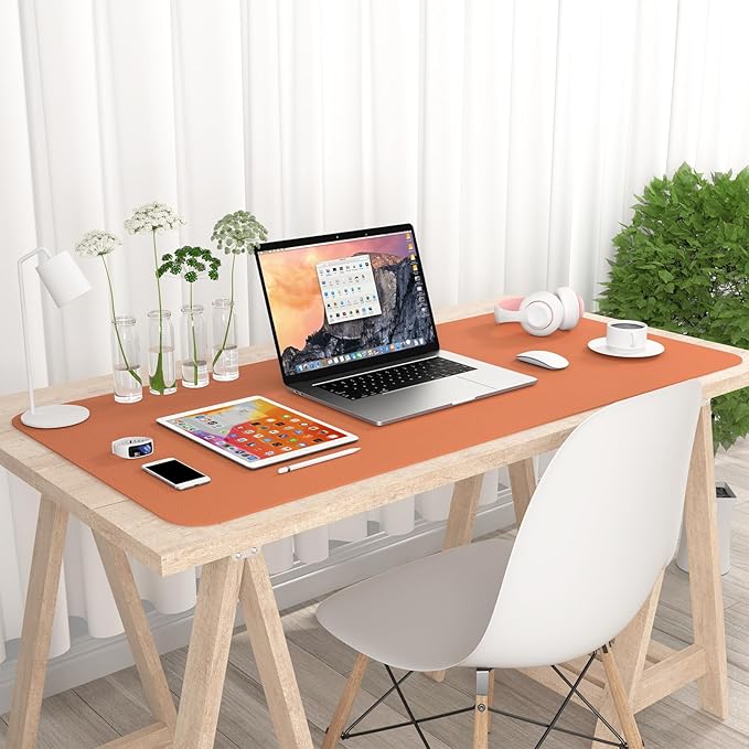 Hsurbtra Desk Pad, 35.5" x 17" PU Leather Desk Mat, XXL Extended Mouse Pad, Waterproof Desktop Blotter Protector, Non-Slip Ultra Thin Large Laptop Keyboard Writing Mat for Office Home, Orange Pink