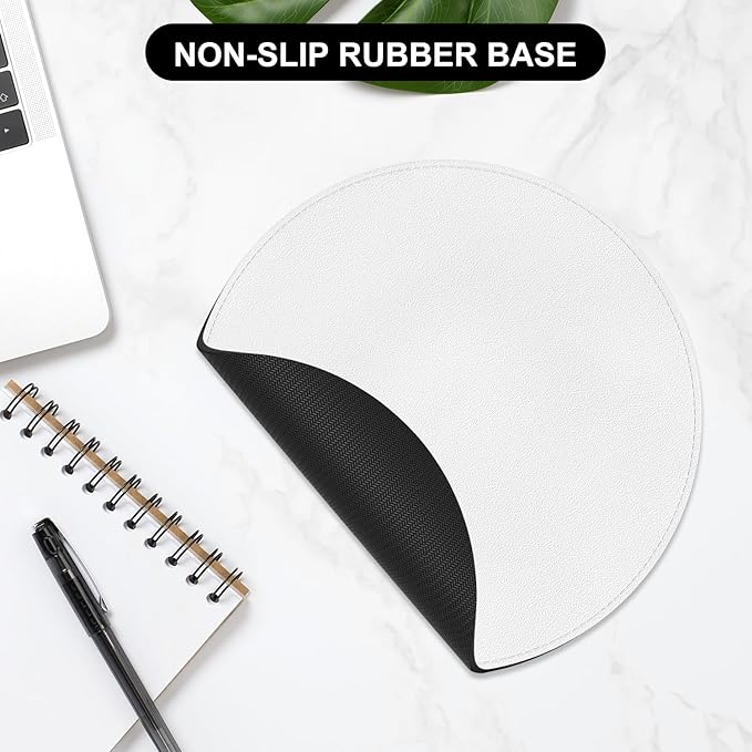 Leather Mouse Pad, Office Mouse Mat Non-Slip Rubber Base Stitched Edge Washable Waterproof Round Mousepad for Office Gaming PC Laptop, Round Diameter 8.7 inches, White