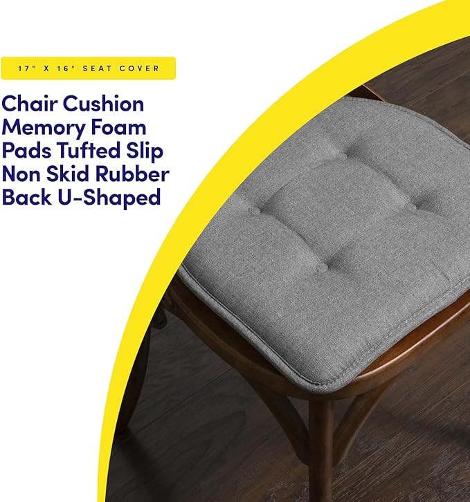 Sweet Home Collection Chair Cushion Memory Foam Pads Tufted Slip Non Skid Rubber Back U-Shaped 17" x 16" Seat Cover, 6 Pack, Grey