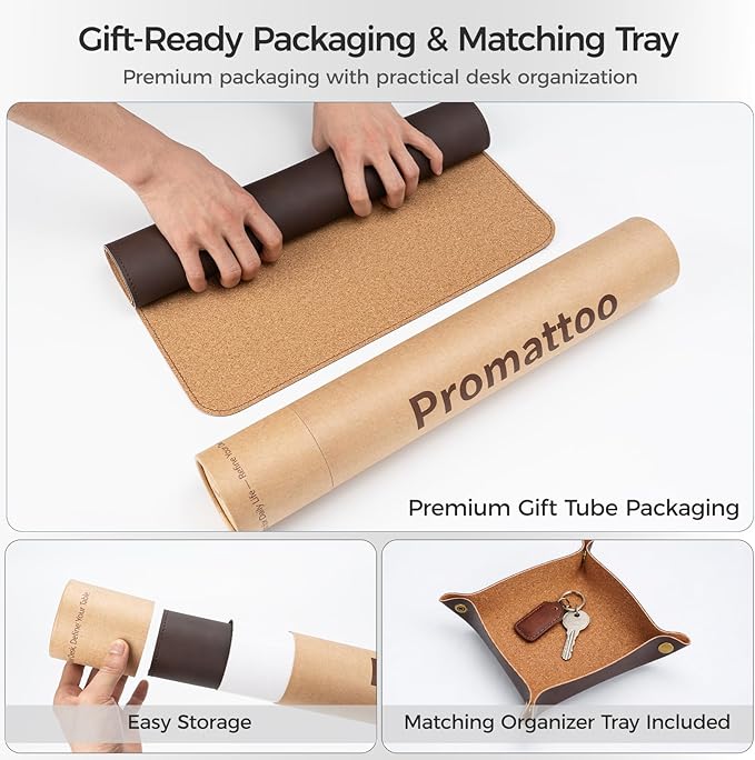 Premium Faux Leather Desk Mat & Tray Set，Innovative Cork-Look Printed Base，Gift Tube Packaging，Full-Desk Coverage，Non-Slip Desk Pad for Office Home（Espresso Brown）