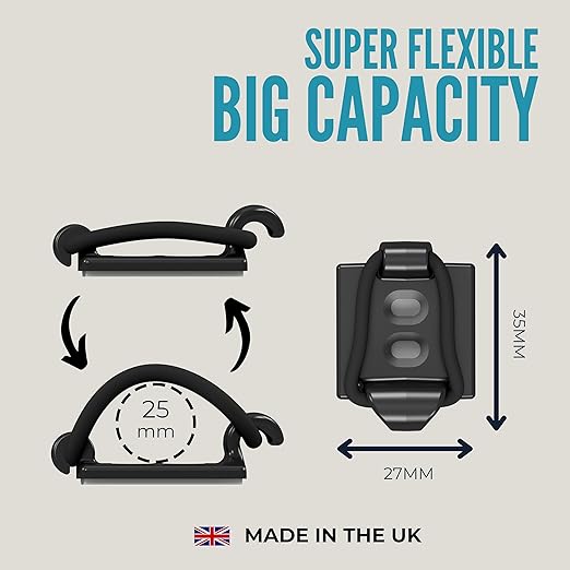 [Made in the UK] 10-Pack Adjustable Elastic Self-Adhesive Cable Tidy Clips, Cable Management Organiser for Office, Home, Under Desk, Behind TV, Charging Phone, Laptop, PC, HDMI, USB (BLACK)