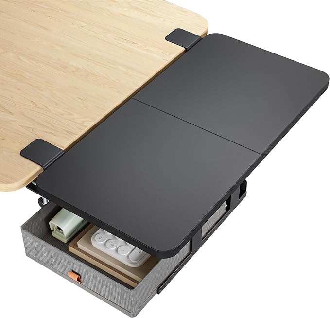 PEGZONE Desk Extender Tray, 24" x 12" Clamp On Desk Shelf, Desk Extension with Storage Drawer, Table Desk Arm Rest, Clamp On Keyboard Tray for Office and Home, Workstation Organizer, Medium, Black