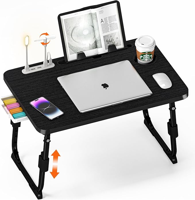 Lap Desk for Bed, Adjustable Laptop Desk with USB Charging Port, Storage Drawer & Bookshelf — Foldable Bed Desk for WFH & Students, 23.6" Desktop Fits 17" Laptop, Non-Slip, Black