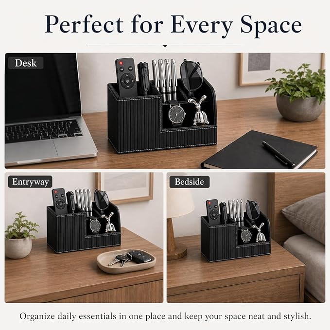 KINGFOM Desk Pen Organizer Office Supplies Caddy Pu Leather Multi-function Storage Box Pen/Pencil,Cell phone, Business Name Cards Remote Control Holder (Black)