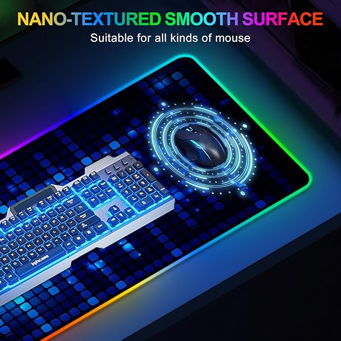 ARTSO Blue RGB Gaming Mouse Pad, XXL Mousepad Non-Slip Rubber Base, Cool Computer Desk Pad Keyboard Mat LED Glowing Square Extended Mouse Pad for Gamer