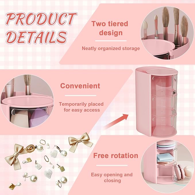 3-Layer Rotating Girls Hair Accessories Organizer Multi-Function Hair Brush Holder Makeup Organizer, Desktop Storage for Hair Clips, Hair Ties, Combs, Jewelry & Stationery (Pink)