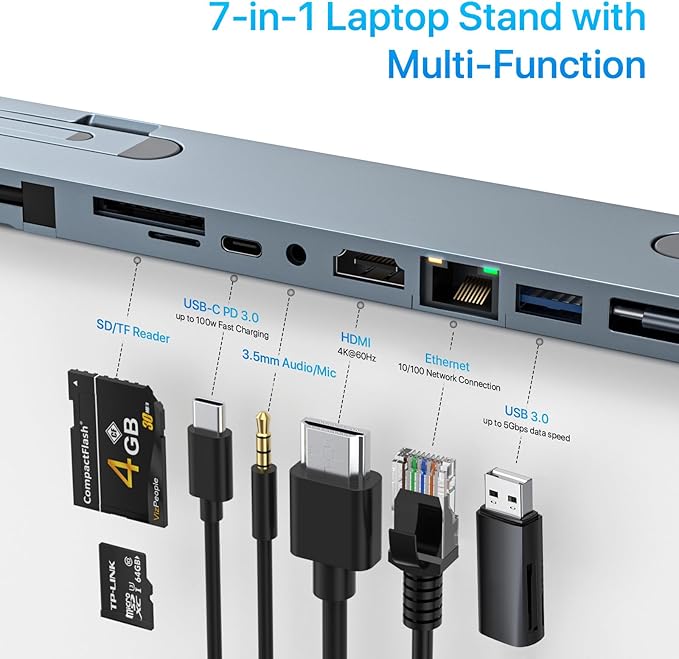 USB C Laptop Docking Station Stand, USB C Hub 7 in 1 Multiport Adapter with 4K HDMI, Gigabit Ethernet, USB A 3.0, PD 100W Charge, Universal Docking Stations for MacBook Pro/Air/Dell/HP/Surface/Lenovo