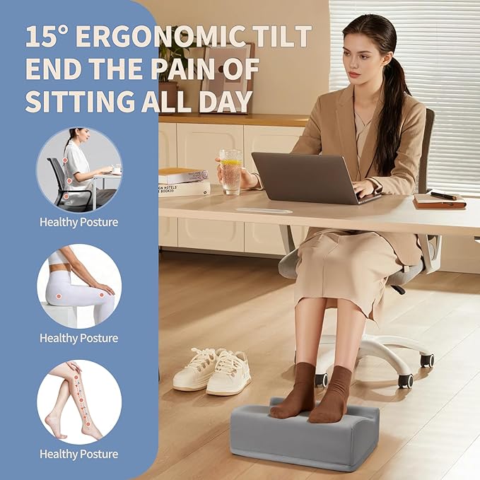 Ergonomic Foot Rest for Under Desk at Work – 15° Tilt Angle Under Desk Footrest with High-Resilience Foam, Velvet Top & Non-Slip Base, Comfortable Foot Stool for Office Chair and Home, Grey