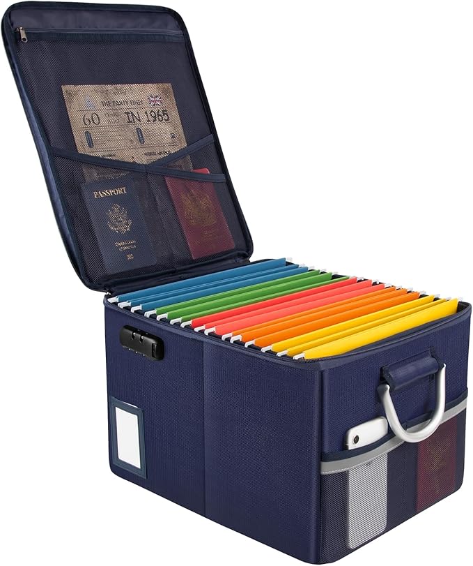 TOMKID Fireproof Document Box, Fire Proof Safe Box for Home Document Organizer with Lock, Fire Organizer Box Office Storage Cabinet for Hanging Letter/Legal Folder 16.1 x 12.9 x 11in (Blue)
