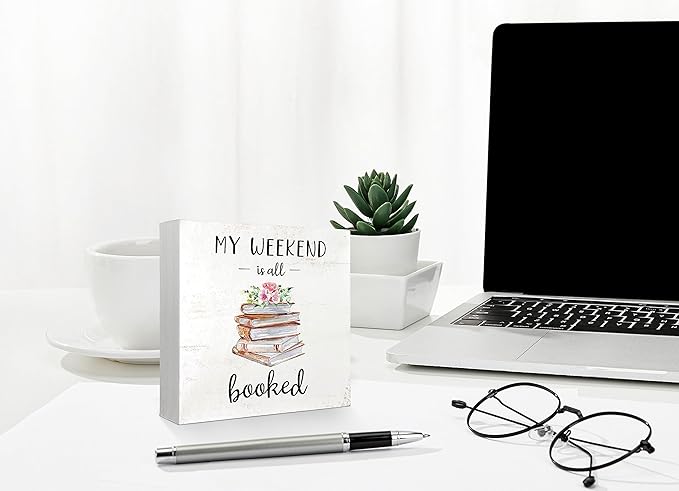 Mtrgdn Kids Bookshelf Decor,My Weekend is Booked Book Wood Desk Sign,Cute Small Bookshelf Reading Decor for Homeschool Library Tadder Reading Room Decorations,5x5 Inch