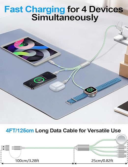Travel Essentials,Multi Charging Cable for Apple Watch Charger/iPhone Charger/Samsung Charger,USB A & Type C Power Cable for iWatch Ultra/10-2/iPhone 17-11/Samsung S26,Serial Cables,Car[1.2M]-Green