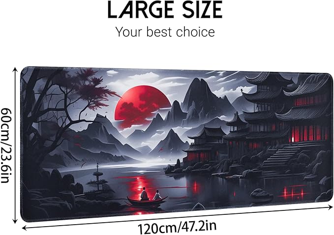 FreeNook Large Gaming Mouse Pad, Anime Black Mousepad with Stitched Edges, Expanded Cool Desk Mat, Japanese Red Moon XL Keyboard Mat Suitable for Home Office,47.2 x 23.6 Inch