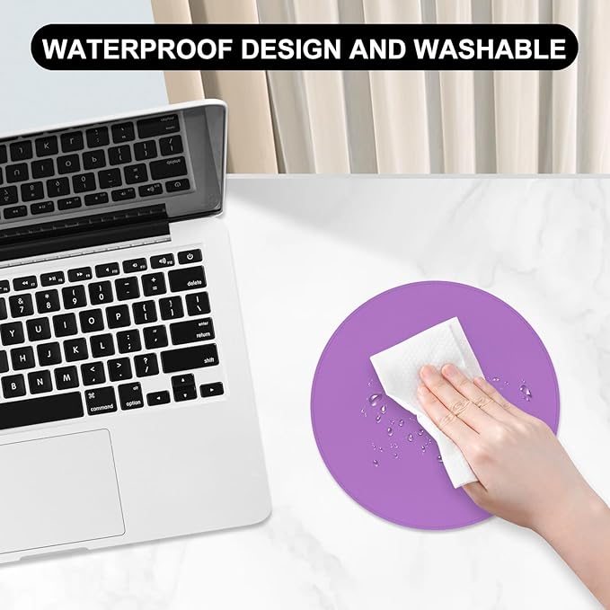 Leather Mouse Pad, Office Mouse Mat Non-Slip Rubber Base Stitched Edge Washable Waterproof Round Mousepad for Office Gaming PC Laptop, Round Diameter 8.7 inches, Purple