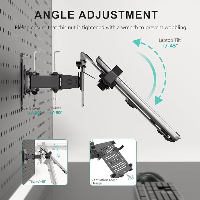 WALI Articulating Pegboard Adjustable Mount for Laptop and Monitor 2 in 1 with Vented Tray, Fits 1" Hole Spacing & Up to 1/4" Hole Diameter, Supports Laptop or Monitor Under 8.8lbs, PM00LP, Black