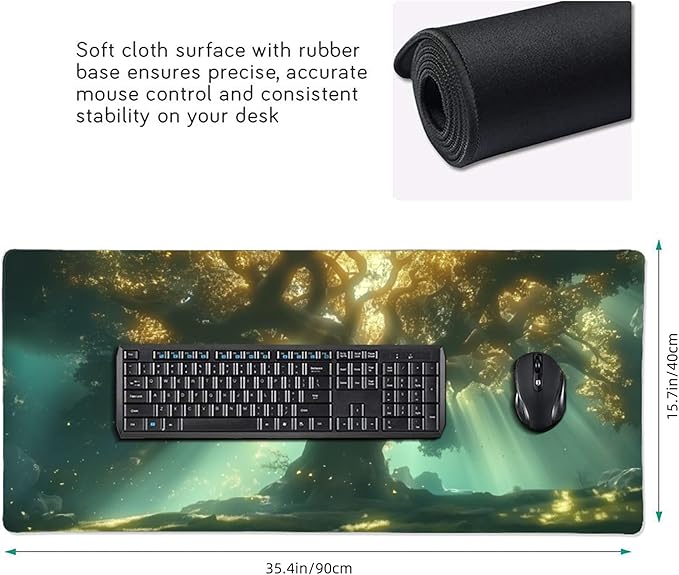 Large Extended Gaming Mouse Pad with Stitched Edges, (35.4X15.7In) Durable Non-Slip Natural Rubber Base, Waterproof Computer Keyboard Pad Mat for Esports Pros/Gamer/Desktop/Office/Home (A)