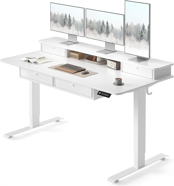 FEZIBO 60 x 30 inch Standing Desk with Drawers, Height Adjustable Electric Workstation, Computer Sit Stand Up Table with Large Storage Shelf 4 Drawers and 2 Hooks, White