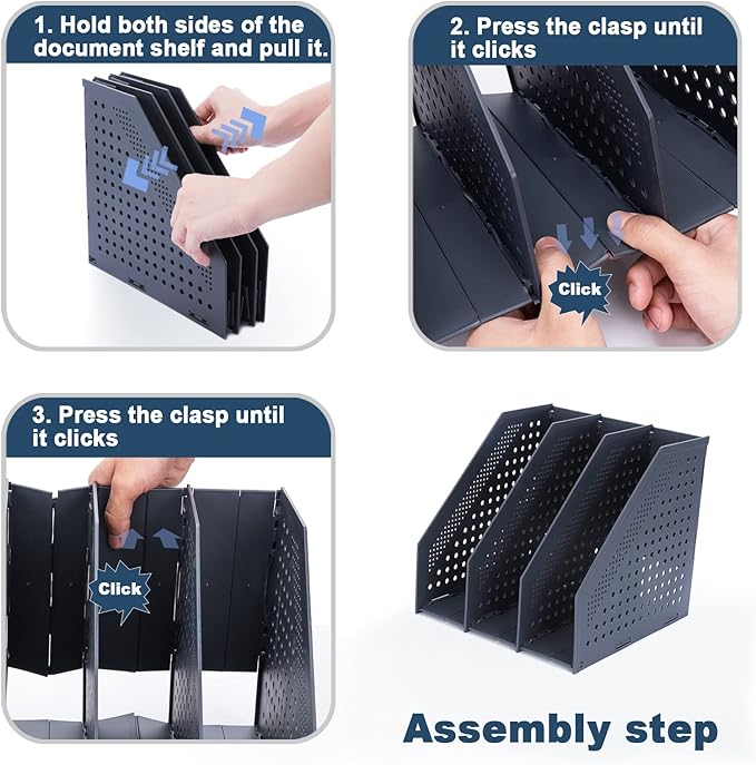 FRETONBA Collapsible Magazine File Holder with 3 Vertical Compartments Foldable Binder Holder for Desk Binder Storage Organizer Plastic Magazine Holders for Shelf, Dark Gray