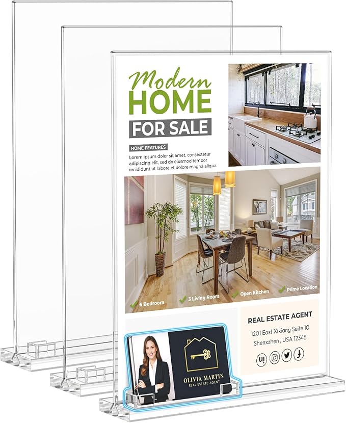 NIUBEE Acrylic Sign Holder for Realtor: 8.5 x 11 Sign Stand with Business Card Pocket for Open House - Clear Real Estate Property Document Name Card Display Supplies on Table - 3 Pack