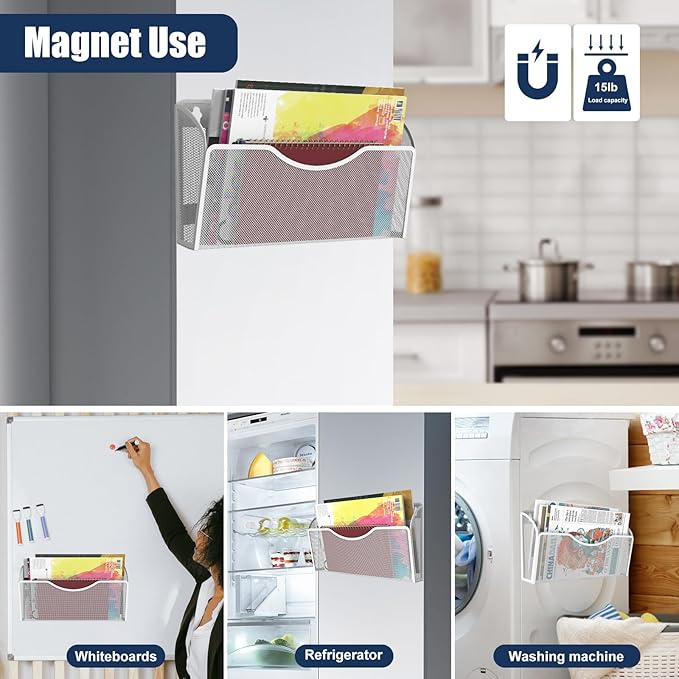 6PCS Magnetic File Holder - File Paper Mail Organizer, No Drilling Magazine Paper Document Holder, Hanging Magazine Rack for Refrigerator, White Metal Wire Mesh, 13.5 x 2 x 8.5 inches