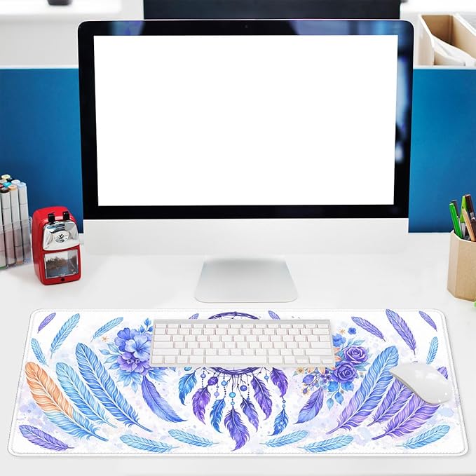 Boho Dreamcatcher Mouse Pad, Watercolor Purple Feather Floral Gaming Desk Mat Waterproof Stitched Edges Rubber Base Non-Slip Deskmap Computer Keyboard Mat, 31.5x11.8in Desk Home Office Gaming