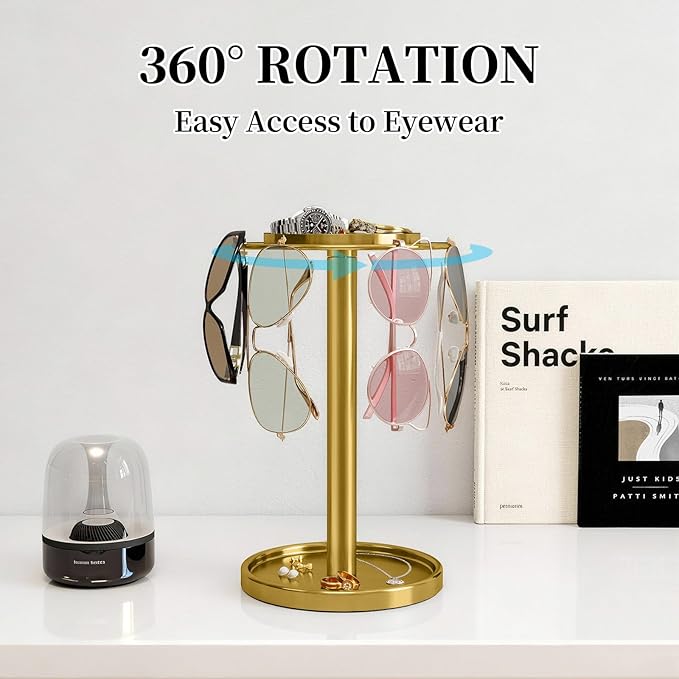 LSK 360° Rotating Sunglasses Organizer, Stainless Steel Glasses Holder Stand with Organizer Tray, Eyeglasses Holder with Storage Base for Dresser, Desk Table, Nightstand & Home Decor, Gold